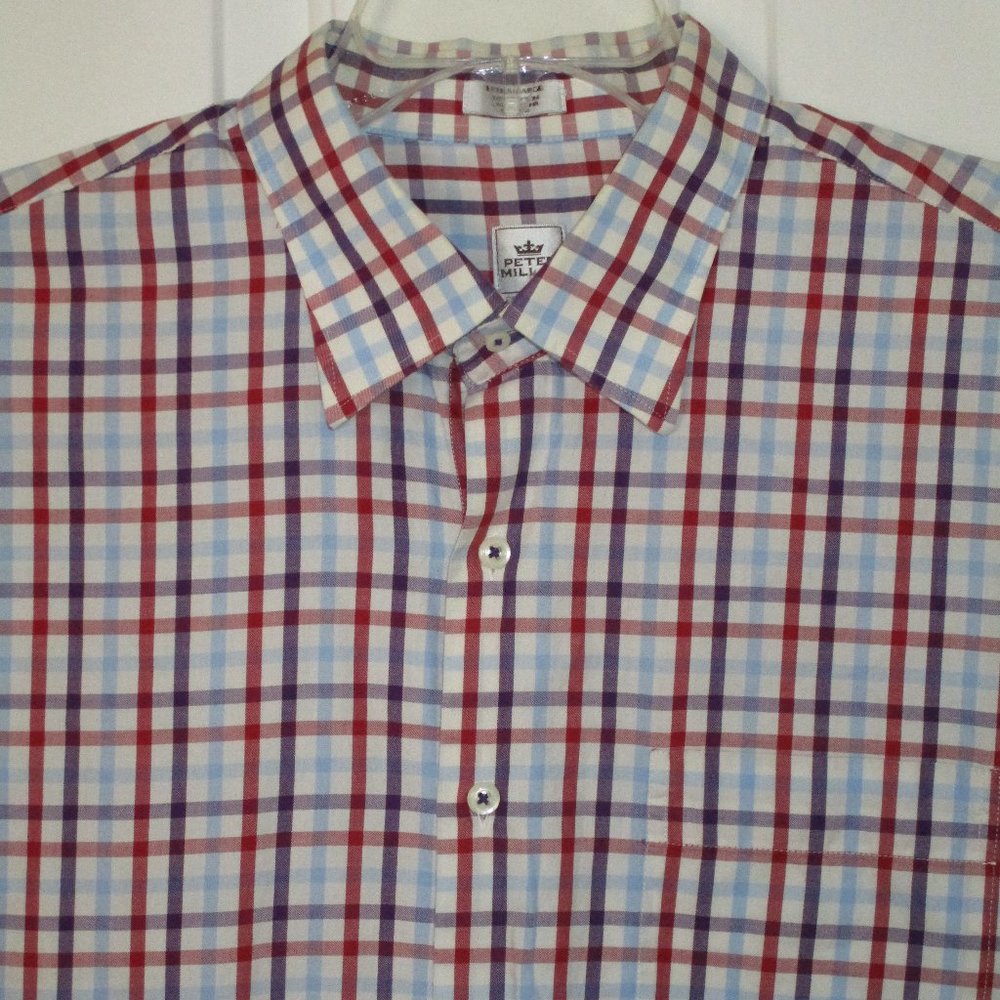 Peter Millar Mens L/S Red Blue White Cotton Button Down Dress Shirt - 17/35 XL